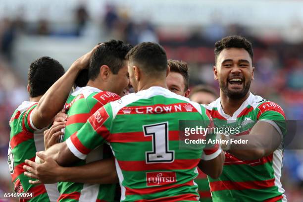 Zane Musgrove of the Rabbitohs celebrates with his team during the round three NRL match between the Newcastle Knights and the South Sydney Rabbitohs...