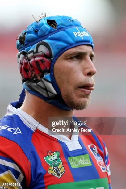 Jamie Buhrer of the Knights looks on during the round three NRL match between the Newcastle Knights and the South Sydney Rabbitohs at McDonald Jones...