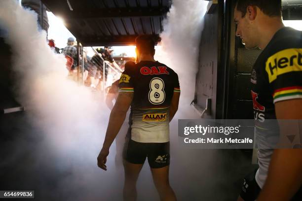 James Tamou of the Panthers and team mates walk out for the round three NRL match between the Penrith Panthers and the Sydney Roosters at Pepper...