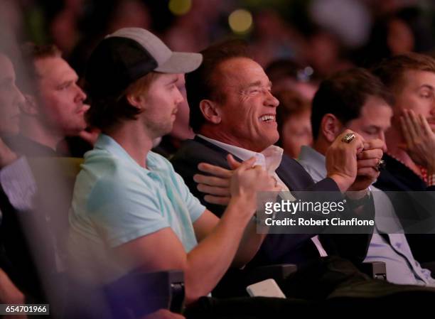 Arnold Schwarzenegger and his son Patrick look on during the 2017 Arnold Classic at The Melbourne Convention and Exhibition Centre on March 17, 2017...