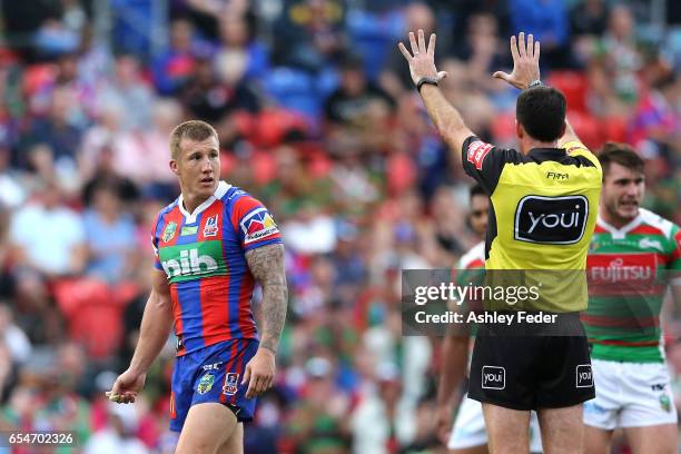 Trent Hodkinson of the Knights sent off during the round three NRL match between the Newcastle Knights and the South Sydney Rabbitohs at McDonald...