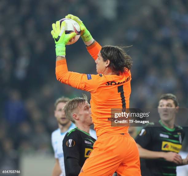 Goalkeeper Yann Sommer of Moenchengladbach controls the ball during the UEFA Europa League Round of 16 second leg match between Borussia...
