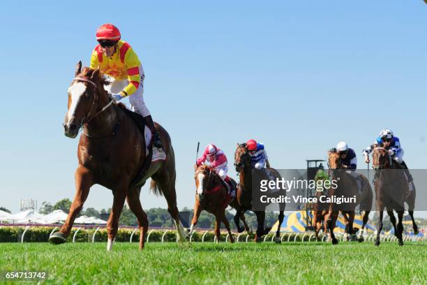 Mark Zahra riding Palentino wins Race 5, Blamey Stakes during Melbourne Racing at Flemington Racecourse on March 18, 2017 in Melbourne, Australia.