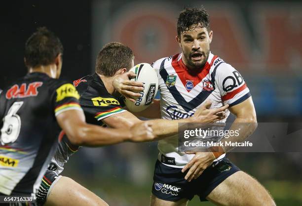 Aidan Guerra of the Roosters is tackled during the round three NRL match between the Penrith Panthers and the Sydney Roosters at Pepper Stadium on...