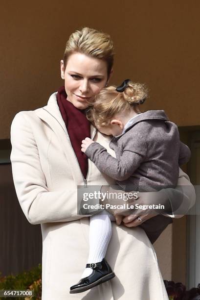 Princess Charlene of Monaco and Princess Gabriella of Monaco attend the Sainte Devote Rugby Tournament on March 18, 2017 in Monte-Carlo, Monaco.