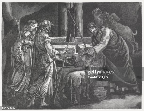 moses at the well, painted (1481/82) by sandro botticelli, vatican - sandro botticelli stock illustrations