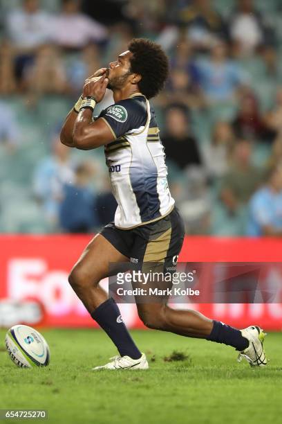 Henry Speight of the Brumbies celebrates scoring a try during the round four Super Rugby match between the Waratahs and the Brumbies at Allianz...