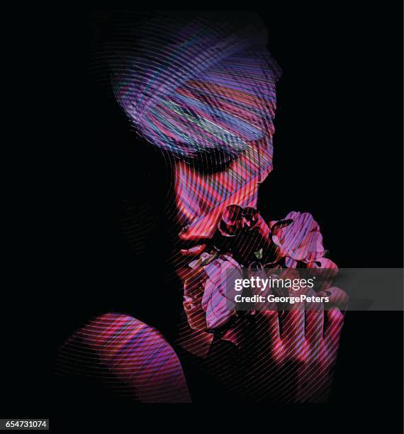 digital face of a young hipster woman holding flowers - double exposure portrait stock illustrations