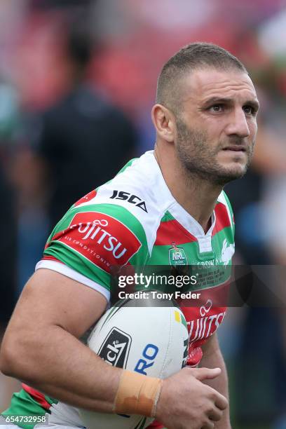 Robbie Farah of the Rabbitohs looks on during the round three NRL match between the Newcastle Knights and the South Sydney Rabbitohs at McDonald...