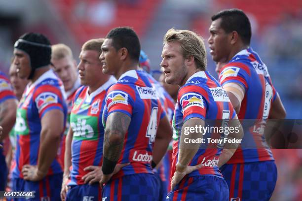 Knights players during the round three NRL match between the Newcastle Knights and the South Sydney Rabbitohs at McDonald Jones Stadium on March 18,...