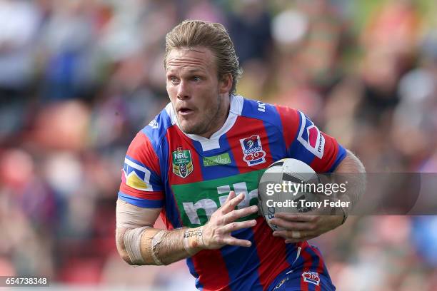 Nathan Ross of the Knights in action during the round three NRL match between the Newcastle Knights and the South Sydney Rabbitohs at McDonald Jones...