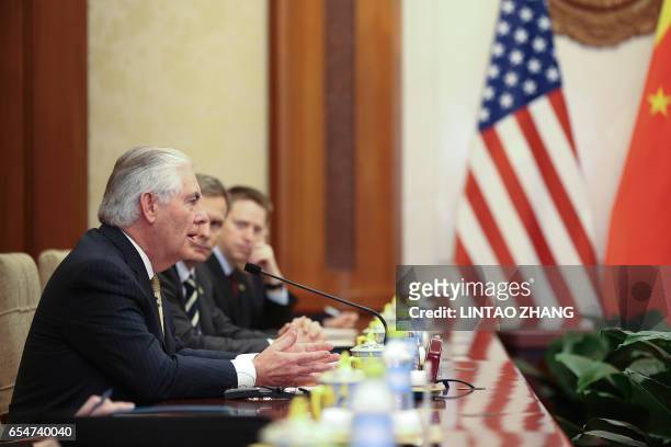 Secretary of State Rex Tillerson meets with China's State Councilor Yang Jiechi at the Diaoyutai State Guesthouse in Beijing on March 18, 2017. The...