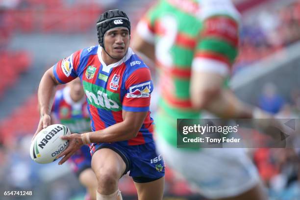 Sione Mata'Utia of the Knights in action during the round three NRL match between the Newcastle Knights and the South Sydney Rabbitohs at McDonald...