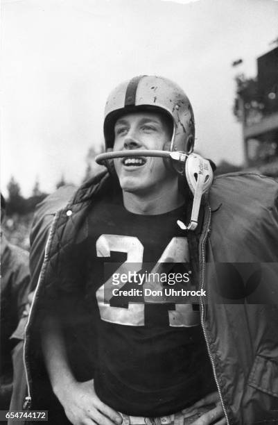Portrait of American military cadet and football player Pete Dawkins, of the Army Cadets team, as he stands, hands on his hips, West Point, New York,...