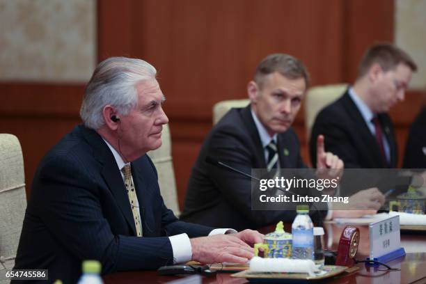 Secretary of State Rex Tillerson during a meeting with Chinese State Councilor Yang Jiechi at Diaoyutai State Guesthouse on March 18, 2017 in...