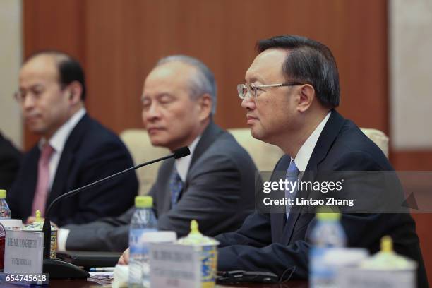 Chinese State Councilor Yang Jiechi during a meeting with U.S. Secretary of State Rex Tillerson at Diaoyutai State Guesthouse on March 18, 2017 in...