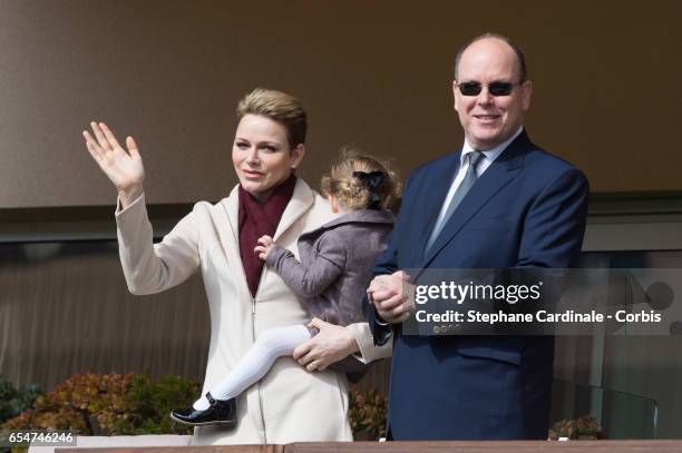 Princess Charlene of Monaco, Princess Gabriella of Monaco and Prince Albert II of Monaco attend the Sainte Devote Rugby Tournament on March 18, 2017...