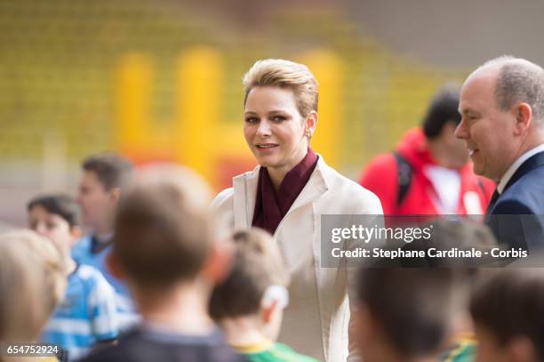 Princess Charlene of Monaco attends the Sainte Devote Rugby Tournament on March 18, 2017 in Monte-Carlo, Monaco.