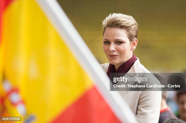 Princess Charlene of Monaco attends the Sainte Devote Rugby Tournament on March 18, 2017 in Monte-Carlo, Monaco.