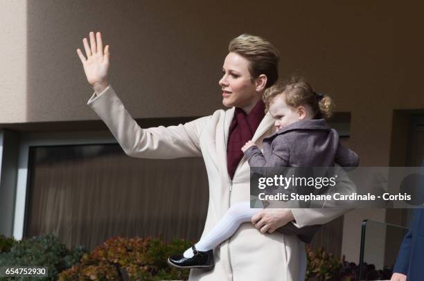 Princess Charlene of Monaco and Princess Gabriella of Monaco attend the Sainte Devote Rugby Tournament on March 18, 2017 in Monte-Carlo, Monaco.