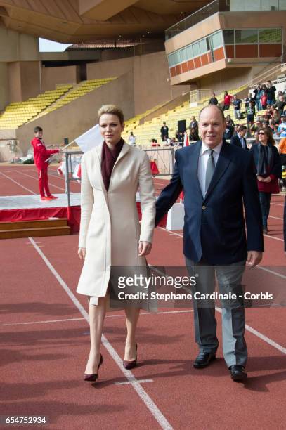Prince Albert II of Monaco and Princess Charlene of Monaco attend the Sainte Devote Rugby Tournament on March 18, 2017 in Monte-Carlo, Monaco.