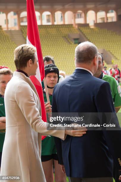 Prince Albert II of Monaco and Princess Charlene of Monaco attend the Sainte Devote Rugby Tournament on March 18, 2017 in Monte-Carlo, Monaco.