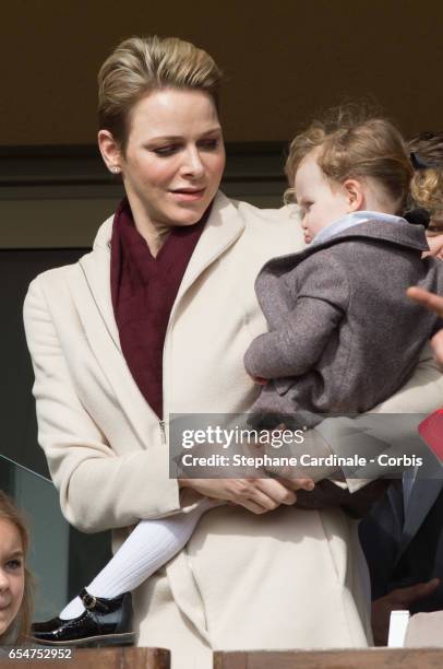 Princess Charlene of Monaco and Princess Gabriella of Monaco attend the Sainte Devote Rugby Tournament on March 18, 2017 in Monte-Carlo, Monaco.