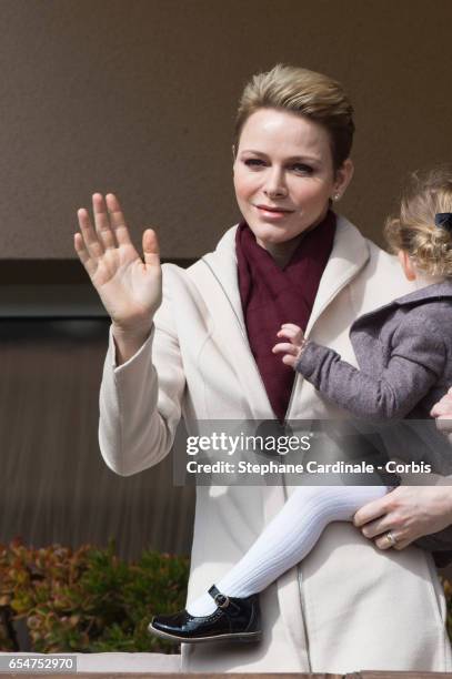 Princess Charlene of Monaco and Princess Gabriella of Monaco attend the Sainte Devote Rugby Tournament on March 18, 2017 in Monte-Carlo, Monaco.