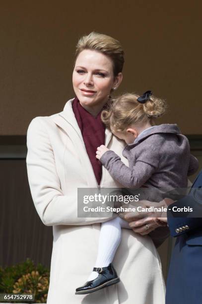 Princess Charlene of Monaco and Princess Gabriella of Monaco attend the Sainte Devote Rugby Tournament on March 18, 2017 in Monte-Carlo, Monaco.