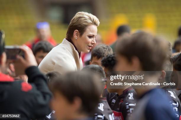 Princess Charlene of Monaco attends the Sainte Devote Rugby Tournament on March 18, 2017 in Monte-Carlo, Monaco.