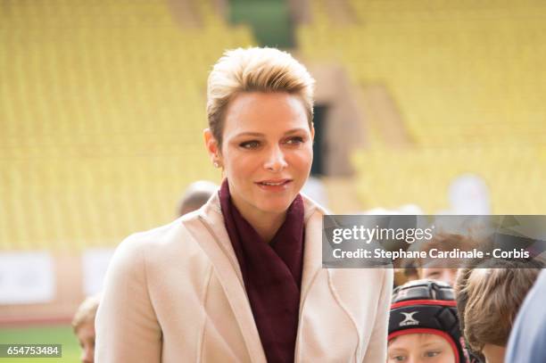 Princess Charlene of Monaco attends the Sainte Devote Rugby Tournament on March 18, 2017 in Monte-Carlo, Monaco.