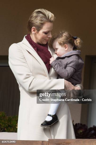 Princess Charlene of Monaco and Princess Gabriella of Monaco attend the Sainte Devote Rugby Tournament on March 18, 2017 in Monte-Carlo, Monaco.