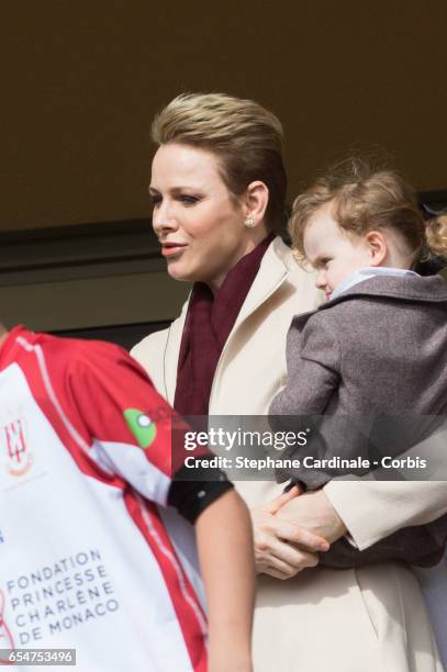 Princess Charlene of Monaco and Princess Gabriella of Monaco attend the Sainte Devote Rugby Tournament on March 18, 2017 in Monte-Carlo, Monaco.