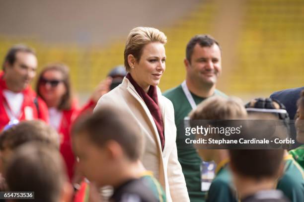 Princess Charlene of Monaco attends the Sainte Devote Rugby Tournament on March 18, 2017 in Monte-Carlo, Monaco.