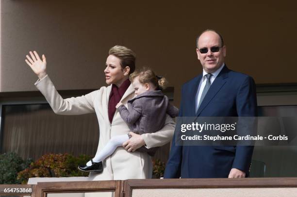 Princess Charlene of Monaco, Princess Gabriella of Monaco and Prince Albert II of Monaco attend the Sainte Devote Rugby Tournament on March 18, 2017...