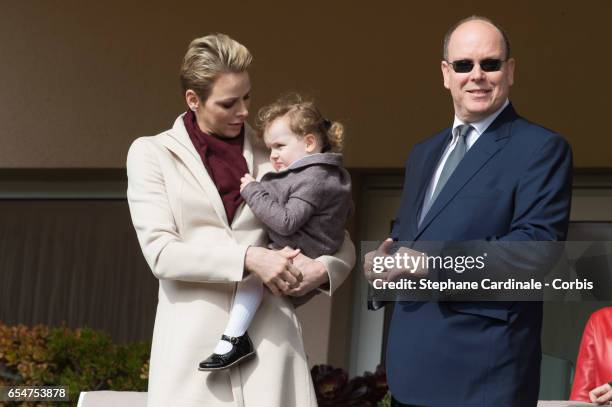 Princess Charlene of Monaco, Princess Gabriella of Monaco and Prince Albert II of Monaco attend the Sainte Devote Rugby Tournament on March 18, 2017...