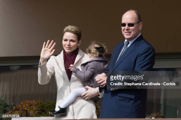 Princess Charlene of Monaco, Princess Gabriella of Monaco and Prince Albert II of Monaco attend the Sainte Devote Rugby Tournament on March 18, 2017...