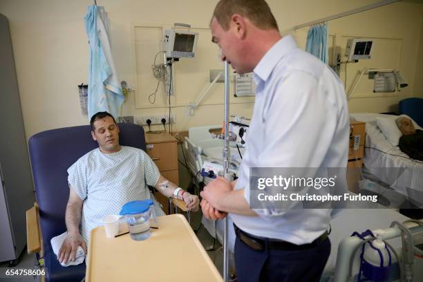 Liberal Democrats party leader, Tim Farron chats to patients on a surgical ward during a visit to York Hospital on the second day of the Liberal...