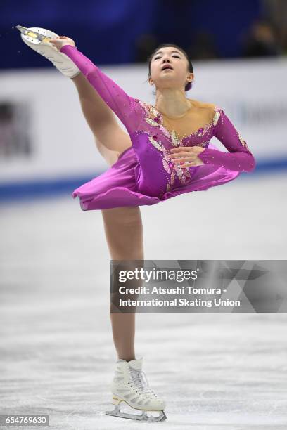 Kaori Sakamoto of Japan competes in the Junior Ladies Free Skating during the 4th day of the World Junior Figure Skating Championships at Taipei...