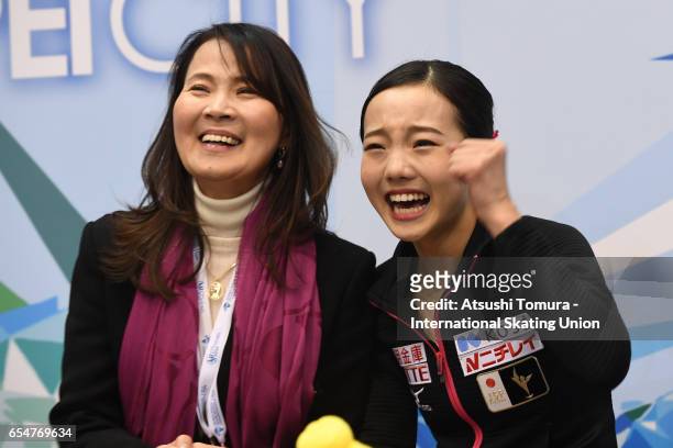 Marin Honda of Japan celebrates at kiss and cry in the Junior Ladies Free Skating during the 4th day of the World Junior Figure Skating Championships...