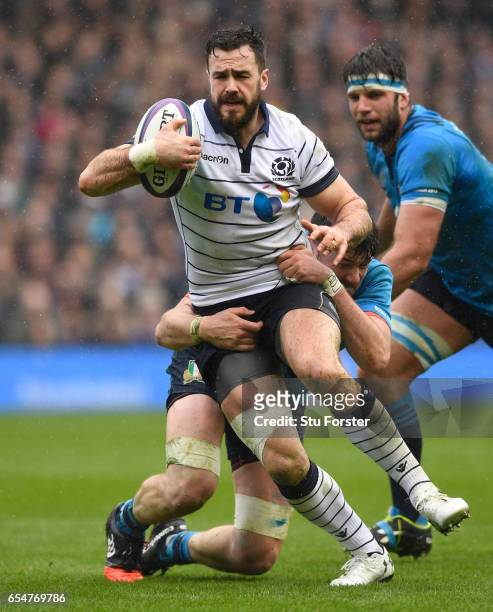 Alex Dunbar of Scotland is tackled by George Biagi of Italy during the RBS Six Nations match between Scotland and Italy at Murrayfield Stadium on...