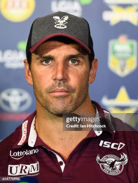 Manly coach Trent Barrett looks on at the post match media conference at the end of during the round three NRL match between the North Queensland...