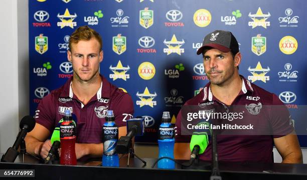 Manly coach Trent Barrett and Daly Cherry-Evans speak at the post match media conference at the end of during the round three NRL match between the...