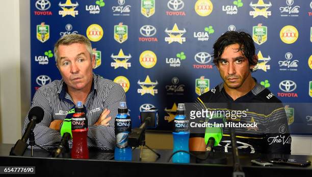 Johnathan Thurston of the Cowboys and coach Paul Green speak at the post match media conference at the end of during the round three NRL match...