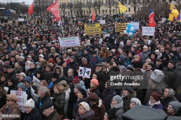 Thousands of peoples stage a demonstration to protest against the transfer of St. Isaac`s Cathedral to the Russian Orthodox Church on the Mars field...