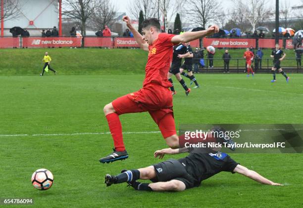 Anthony Glennon of Liverpool and Andrew Jackson of Blackburn Rovers in action during the Liverpool v Blackburn Rovers U18 Premier League game at The...