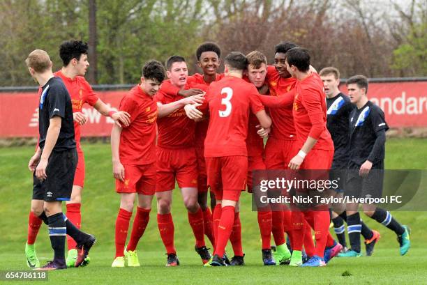 George Johnston of Liverpool celebrates scoring the opening goal with team mates Curtis Jones, Neco Williams, Liam Coyle, Abdi Sharif, Anthony...