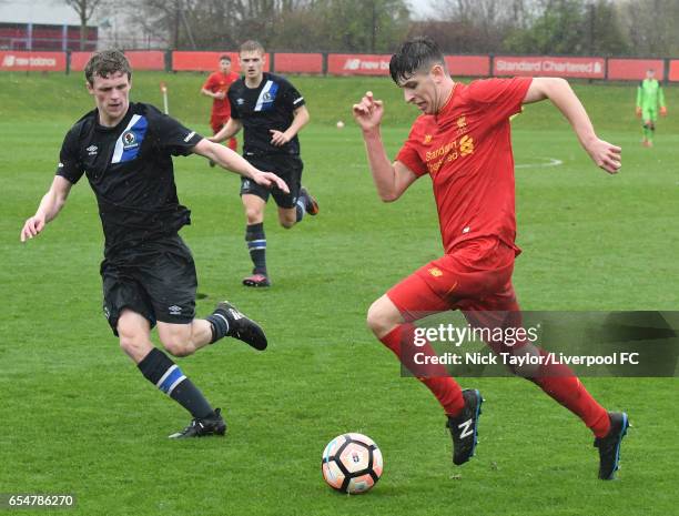Anthony Glennon of Liverpool and Andrew Jackson of Blackburn Rovers in action during the Liverpool v Blackburn Rovers U18 Premier League game at The...
