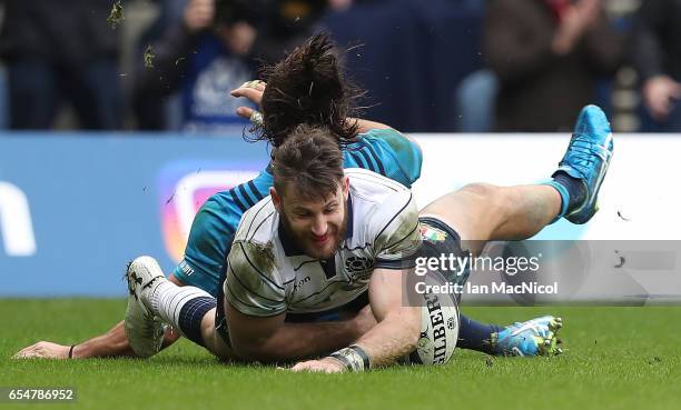 Tommy Seymour of Scotland scores his teams fourth try during the RBS Six Nations Championship match between Scotland and Italy at Murrayfield Stadium...