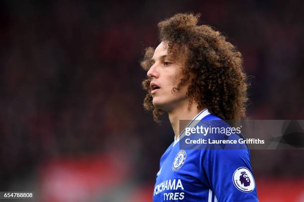 David Luiz of Chelsea looks on during the Premier League match between Stoke City and Chelsea at Bet365 Stadium on March 18, 2017 in Stoke on Trent,...